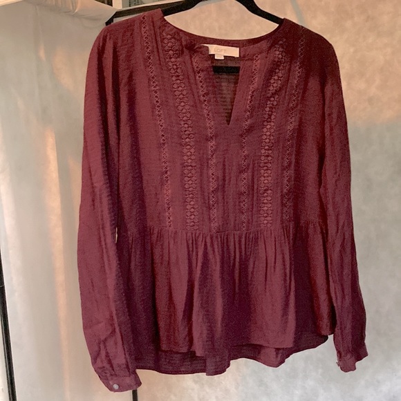 ANN TAYLOR LOFT Blouse Wine Burgundy Boho Bohemian Peasant Embroidered Womens XS - Picture 7 of 15